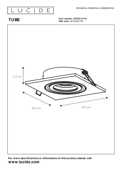 Lucide TUBE - Spot encastrable - 1xGU10 - Noir - technique